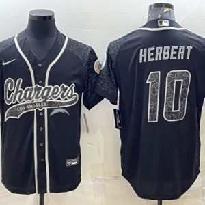 Men Los Angeles Chargers #10 Justin Herbert Black Reflective With Patch Cool Base Stitched Baseball Jersey