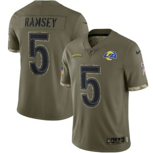 Men Los Angeles Rams #5 Jalen Ramsey 2022 Olive Salute To Service Limited Stitched Jersey