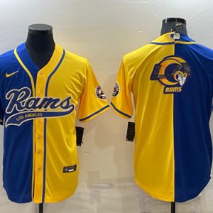 Men Los Angeles Rams Royal/Yellow Split Team Big Logo With Patch Cool Base Stitched Baseball Jersey