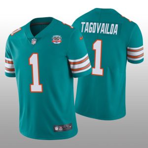 Men Miami Dolphins #1 Tua Tagovailoa 2022 Aqua With 50th Perfect Season Patch Limited Stitched Jersey