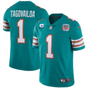 Men Miami Dolphins #1 Tua Tagovailoa 2022 Aqua With 50th Perfect Season Patch Limited Stitched Jersey