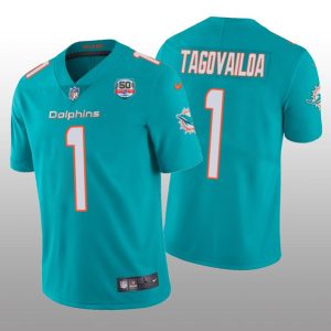 Men Miami Dolphins #1 Tua Tagovailoa 2022 Aqua With With 50th Perfect Season Patch Limited Stitched Jersey