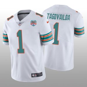 Men Miami Dolphins #1 Tua Tagovailoa 2022 White With 50th Perfect Season Patch Limited Stitched Jersey