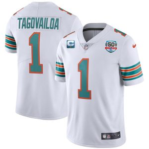 Men Miami Dolphins #1 Tua Tagovailoa 2022 White With 50th Perfect Season Patch Limited Stitched Jersey