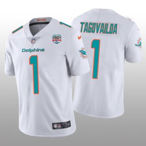 Men Miami Dolphins #1 Tua Tagovailoa 2022 White With With 50th Perfect Season Patch Limited Stitched Jersey