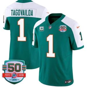 Men Miami Dolphins #1 Tua Tagovailoa Aqua White 2023 F.U.S.E With 1-star C Patch And 50th Perfect Season Patch Vapor Limited Stitched Football Jersey