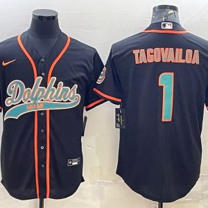 Men Miami Dolphins #1 Tua Tagovailoa Black With Patch Cool Base Stitched Baseball Jersey