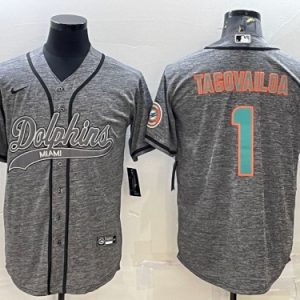 Men Miami Dolphins #1 Tua Tagovailoa Gray With Patch Cool Base Stitched Baseball Jersey