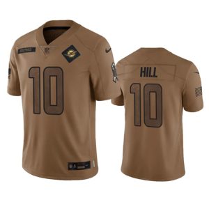 Men Miami Dolphins #10 Tyreek Hill 2023 Brown Salute To Service Limited Football Stitched Jersey