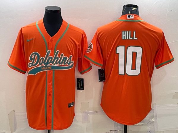 Men Miami Dolphins #10 Tyreek Hill Orange With Patch Cool Base Stitched Baseball Jersey