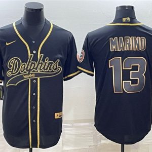 Men Miami Dolphins #13 Dan Marino Black Gold With Patch Cool Base Stitched Baseball Jersey