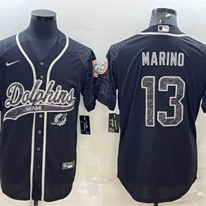 Men Miami Dolphins #13 Dan Marino Black Reflective With Patch Cool Base Stitched Baseball Jersey