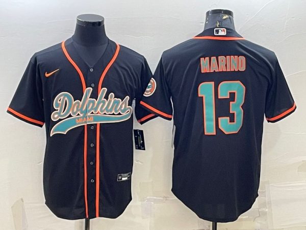 Men Miami Dolphins #13 Dan Marino Black With Patch Cool Base Stitched Baseball Jersey