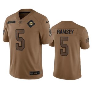 Men Miami Dolphins #5 Jalen Ramsey 2023 Brown Salute To Service Limited Football Stitched Jersey