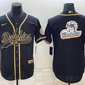 Men Miami Dolphins Black Gold Team Big Logo With Patch Cool Base Stitched Baseball Jersey