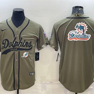 Men Miami Dolphins Olive 2022 Salute To Service Team Big Logo Cool Base Stitched Baseball Jersey