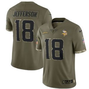 Men Minnesota Vikings #18 Justin Jefferson 2022 Olive Salute To Service Limited Stitched Jersey