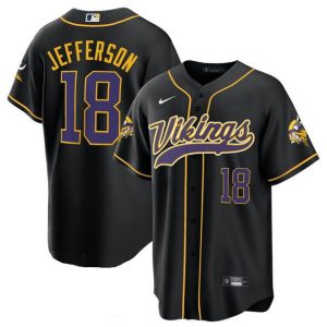 Men Minnesota Vikings #18 Justin Jefferson Black Cool Base Stitched Baseball Jersey