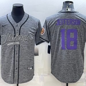 Men Minnesota Vikings #18 Justin Jefferson Gray With Patch Cool Base Stitched Baseball Jersey