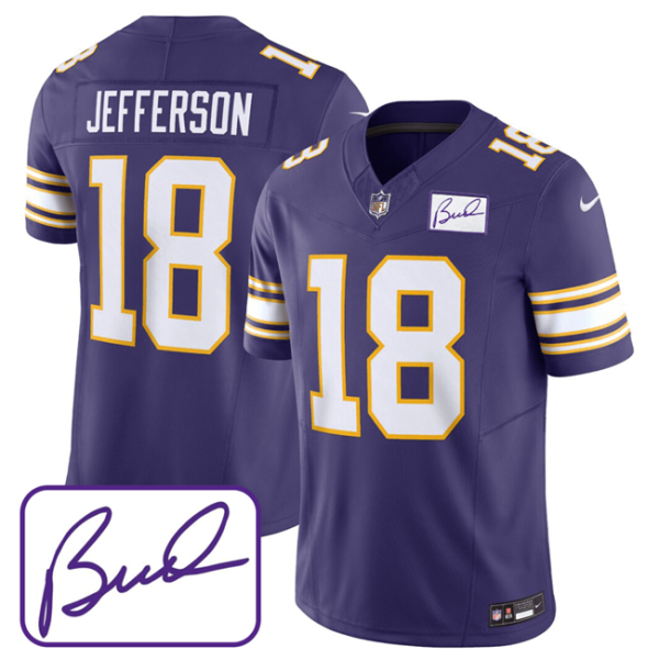 Men Minnesota Vikings #18 Justin Jefferson Purple 2023 F.U.S.E. Bud Grant patch Limited Stitched Jersey