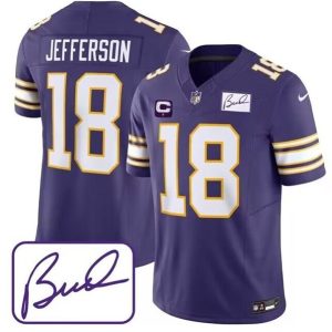 Men Minnesota Vikings #18 Justin Jefferson Purple 2023 F.U.S.E. Bud Grant patch With C Patch Limited Stitched Jersey