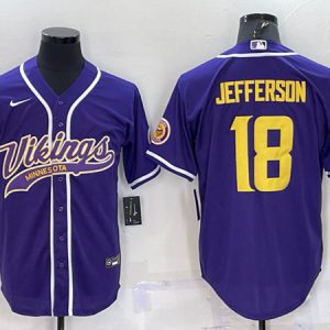 Men Minnesota Vikings #18 Justin Jefferson Purple Gold With Patch Cool Base Stitched Baseball Jersey