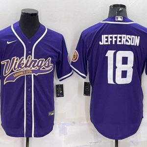 Men Minnesota Vikings #18 Justin Jefferson Purple With Patch Cool Base Stitched Baseball Jersey