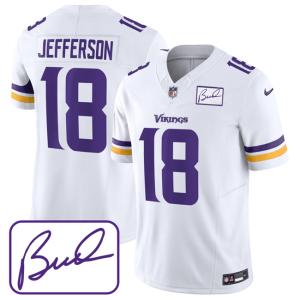 Men Minnesota Vikings #18 Justin Jefferson White 2023 F.U.S.E. Bud Grant patch Limited Stitched Jersey