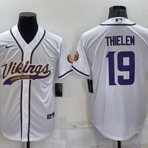 Men Minnesota Vikings #19 Adam Thielen White With Patch Cool Base Stitched Baseball Jersey