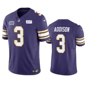 Men Minnesota Vikings #3 Jordan Addison Purple 2023 F.U.S.E. Prem1ere Patch And Bud Grant patch Vapor Limited Stitched Jersey