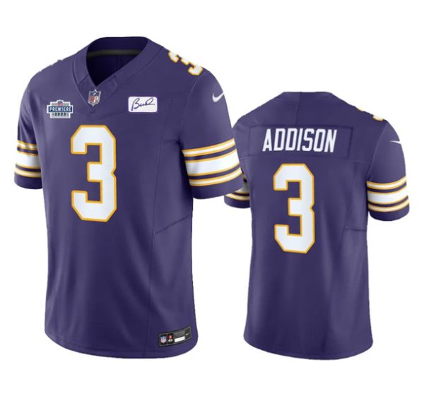 Men Minnesota Vikings #3 Jordan Addison Purple 2023 F.U.S.E. Prem1ere Patch And Bud Grant patch Vapor Limited Stitched Jersey