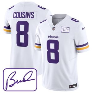 Men Minnesota Vikings #8 Kirk Cousins White 2023 F.U.S.E. Bud Grant patch Limited Stitched Jersey