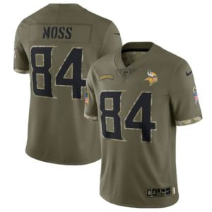 Men Minnesota Vikings #84 Randy Moss 2022 Olive Salute To Service Limited Stitched Jersey