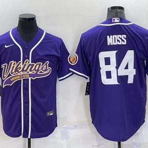 Men Minnesota Vikings #84 Randy Moss Purple With Patch Cool Base Stitched Baseball Jersey