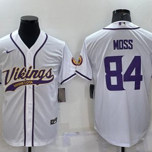 Men Minnesota Vikings #84 Randy Moss White With Patch Cool Base Stitched Baseball Jersey