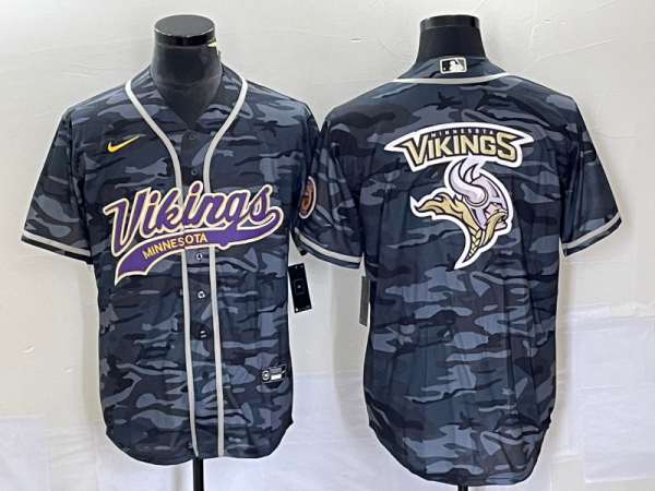 Men Minnesota Vikings Gray Camo Team Big Logo Cool Base Stitched Baseball Jersey