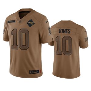 Men New England Patriots #10 Mac Jones 2023 Brown Salute To Service Limited Football Stitched Jersey