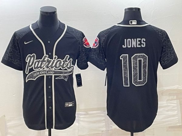 Men New England Patriots #10 Mac Jones Black Reflective With Patch Cool Base Stitched Baseball Jersey