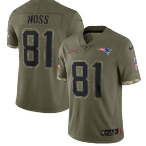 Men New England Patriots #81 Randy Moss 2022 Olive Salute To Service Limited Stitched Jersey