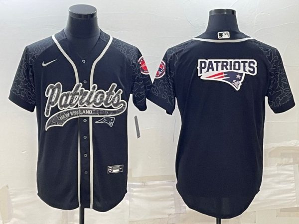 Men New England Patriots Black Reflective Team Big Logo With Patch Cool Base Stitched Baseball Jersey