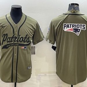 Men New England Patriots Olive Salute To Service Team Big Logo Cool Base Stitched Baseball Jersey