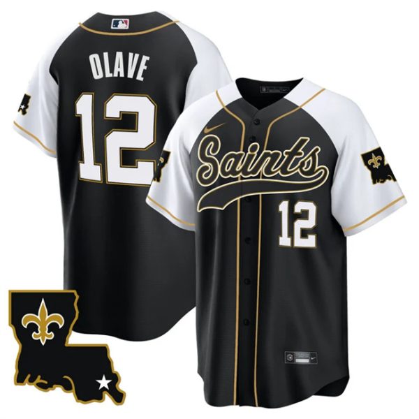 Men New Orleans Saints #12 Chris Olave Black/White 1987 Legacy Cool Base Stitched Baseball Jersey