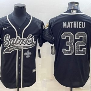 Men New Orleans Saints #32 Tyrann Mathieu Black Reflective With Patch Cool Base Stitched Baseball Jersey