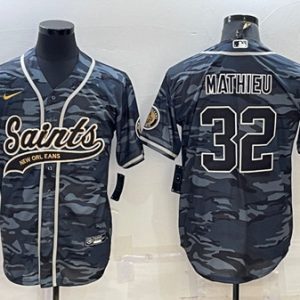 Men New Orleans Saints #32 Tyrann Mathieu Gray Camo With Patch Cool Base Stitched Baseball Jersey