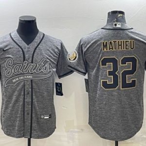 Men New Orleans Saints #32 Tyrann Mathieu Gray With Patch Cool Base Stitched Baseball Jersey