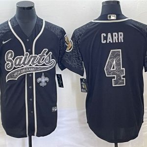 Men New Orleans Saints #4 Derek Carr Black Reflective With Patch Cool Base Stitched Baseball Jersey