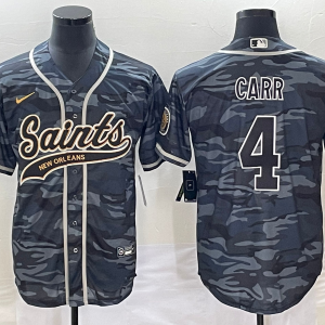 Men New Orleans Saints #4 Derek Carr Gray Camo With Patch Cool Base Stitched Baseball Jersey