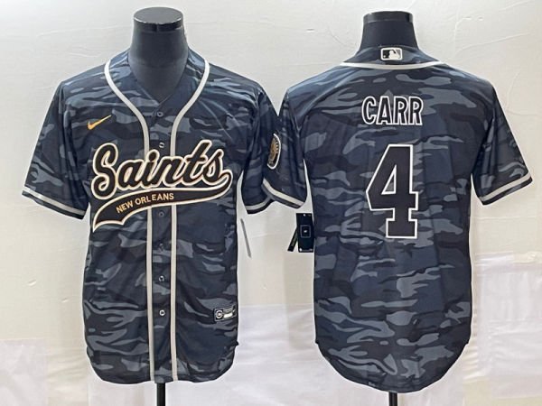 Men New Orleans Saints #4 Derek Carr Gray Camo With Patch Cool Base Stitched Baseball Jersey