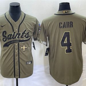 Men New Orleans Saints #4 Derek Carr Olive Salute To Service With Patch Cool Base Stitched Baseball Jersey