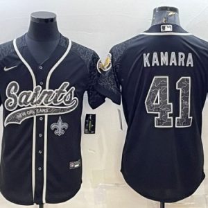 Men New Orleans Saints #41 Alvin Kamara Black Reflective With Patch Cool Base Stitched Baseball Jersey